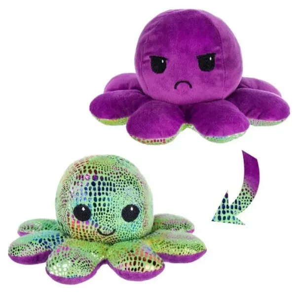 Мягкая игрушка Осьминожка – перевертыш ∙ Двусторонний осьминог настроение 2 в 1 ∙ 20 x 20 x 10 см
