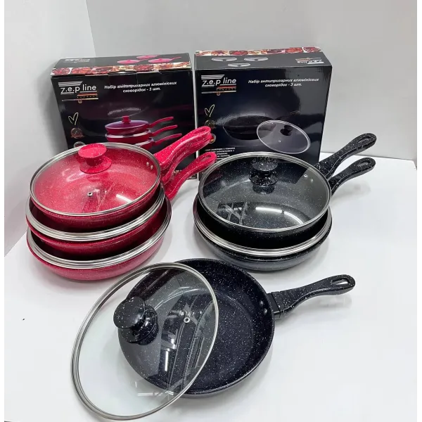 Набор алюминиевых сковородок с антипригарным покрытием и стеклянными крышками Zepline ZP-700 (3 шт)