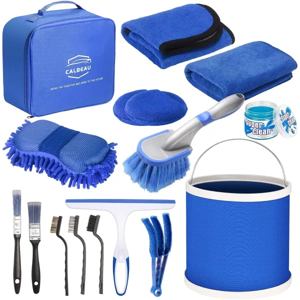 Набор для мойки авто 16 в 1 с ведром и щётками • Комплект для детейлинга салона и кузова с микрофиброй и аксессуарами в сумке