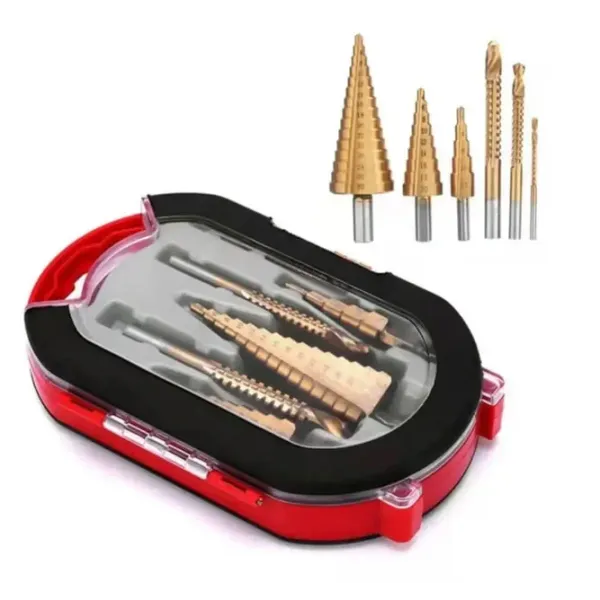 Набор ступенчатых сверл по металлу с титановым покрытием в кейсе • Портативный набор из 6 сверл