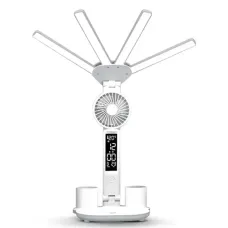 Настольная LED-лампа KRX-1011 с вентилятором, часами и подставкой • Аккумуляторный светильник с дисплеем, сенсорным управлением и 3 режимами света для работы, учебы и дома