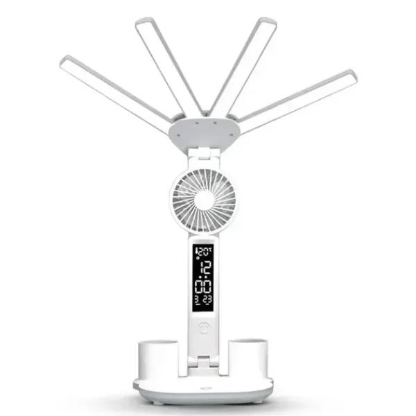 Настольная LED-лампа KRX-1011 с вентилятором, часами и подставкой • Аккумуляторный светильник с дисплеем, сенсорным управлением и 3 режимами света для работы, учебы и дома