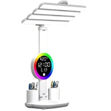 Настольная LED лампа KRX-104 с RGB-подсветкой, вентилятором, часами и подставкой • Аккумуляторный настольный светильник 4-в-1 с сенсорным управлением, 4 плафонами и дисплеем для работы, учебы и дома