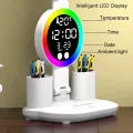 Настольная LED лампа KRX-104 с RGB-подсветкой, вентилятором, часами и подставкой • Аккумуляторный настольный светильник 4-в-1 с сенсорным управлением, 4 плафонами и дисплеем для работы, учебы и дома