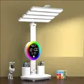 Настольная LED лампа KRX-104 с RGB-подсветкой, вентилятором, часами и подставкой • Аккумуляторный настольный светильник 4-в-1 с сенсорным управлением, 4 плафонами и дисплеем для работы, учебы и дома