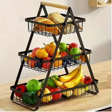 Настольная трехъярусная корзина - фруктовница с деревянной ручкой Triple Fruit Basket · Разборная металлическая корзинка для фруктов