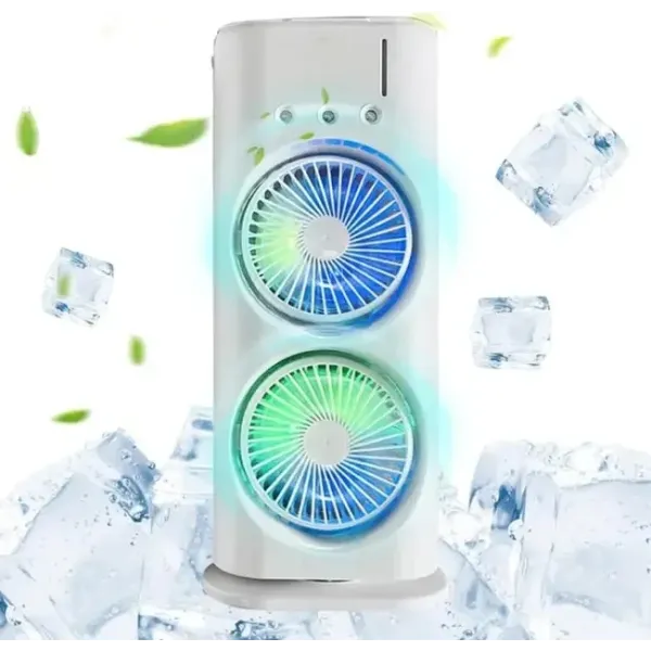 Настольный вентилятор 3 в 1 с увлажнением, подсветкой и аккумулятором 4000 мАч · Вентилятор двойной