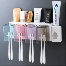 Настенный органайзер в ванную комнату - держатель зубных щеток и с отверстиями для хранения принадлежностей для ванной комнаты + Автоматический диспенсер зубной пасты
