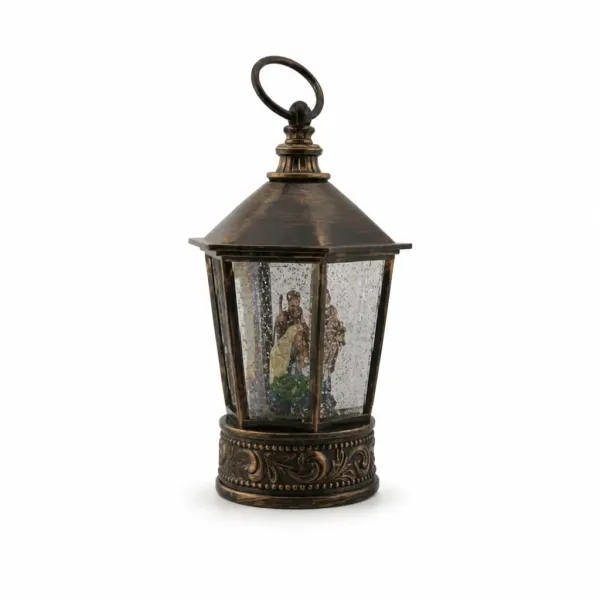 Новогодняя подсветка-фонарь XMAS WDL-24077B высотой 27,3 см • Пластиковый LED-ночник коричневого цвета с бронзовой отделкой, снегопад из блёсток, питание от USB или 3 батареек AA