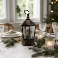 Новогодняя подсветка-фонарь XMAS WDL-24077B высотой 27,3 см • Пластиковый LED-ночник коричневого цвета с бронзовой отделкой, снегопад из блёсток, питание от USB или 3 батареек AA