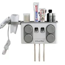 Органайзер для ванной комнаты · Держатель зубных щеток · Дозатор – диспенсер зубной пасты · Полочка для косметических средств с держателем для фена