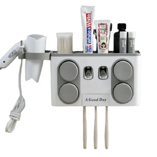 Органайзер для ванной комнаты · Держатель зубных щеток · Дозатор – диспенсер зубной пасты · Полочка для косметических средств с держателем для фена