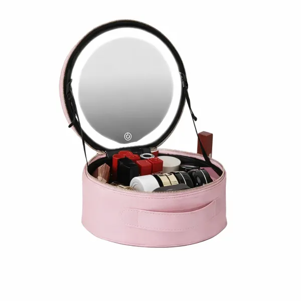 Органайзер-косметичка из экокожи NiceLand с LED зеркалом розовый • Дорожная косметичка для макияжа, хранения косметики и аксессуаров с подсветкой и зеркалом