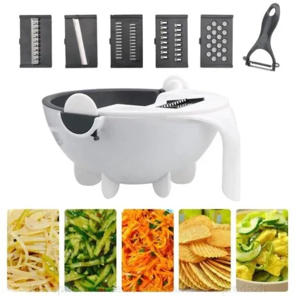 Овощерезка - мультислайсер с корзиной 9 в 1 WET BASKET VEGETABLE CUTTER Многофункциональная ручная терка-шинковка с емкостью