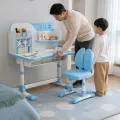 Парта со стулом PD-ST-04 синяя, 80×54 см, высота 65-71 см • детский учебный набор с лампой, полками надстройки, подставкой для книг и корректором осанки