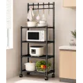 Передвижная кухонная этажерка на колесах 4 уровня 130×42×34 см • Стеллаж-органайзер 4-ярусный для кухни и ванной с фиксацией колес, черный Передвижная кухонная этажерка на 4 уровня помогает организовать дополнительное место для хранения посуды, кухонной т