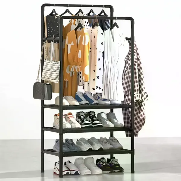 Напольная вешалка-стойка для одежды 2453/YH9918-3 с полками и двумя перекладинами • Открытый гардероб-органайзер для одежды и обуви 134х51х32 см, черный