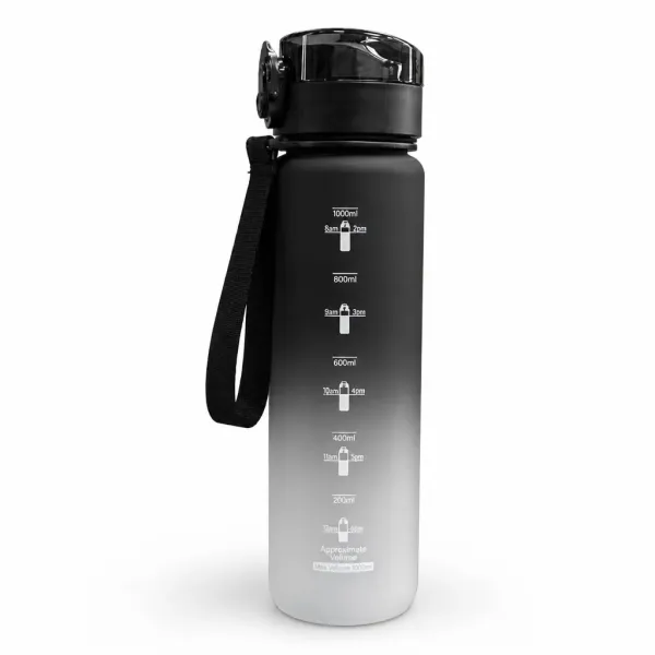 Пластикова пляшка Spirit 26X-329 на 1000 мл • Фляга для тренувань, навчання й прогулянок з відкидною кришкою, ремінцем і шкалою, без BPA