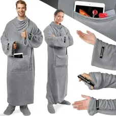 Плед-халат длинный с карманами из мягкого полиэстера Owersize • Худи длинный (плед-кофта)