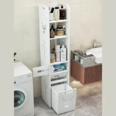 Полка-стеллаж для ванной комнаты и туалета PK-08 · Этажерка узкая с шкафчиками для туалетных аксессуаров и отсеком для бумаги