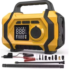 Портативный автомобильный компрессор ATJ-201 жёлтый • Аккумуляторный насос для подкачки шин с цифровым дисплеем, автоотключением, Powerbank и зарядкой Type-C для авто, мотоцикла, велосипеда и надувных изделий