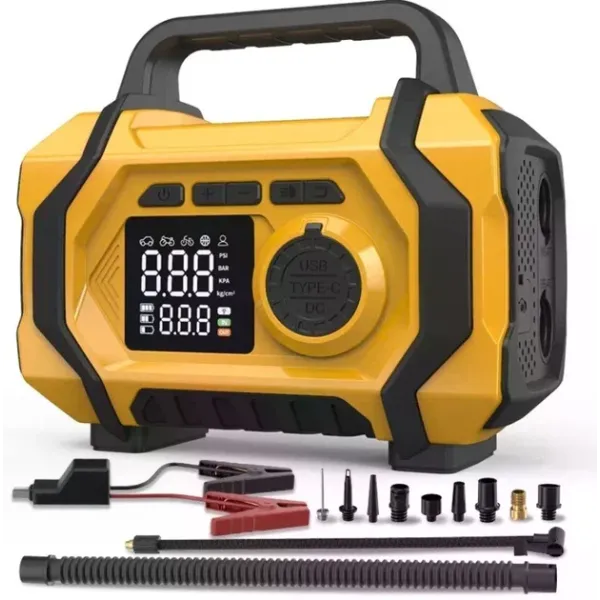 Портативный автомобильный компрессор ATJ-201 жёлтый • Аккумуляторный насос для подкачки шин с цифровым дисплеем, автоотключением, Powerbank и зарядкой Type-C для авто, мотоцикла, велосипеда и надувных изделий