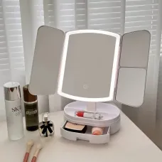 Тройное косметическое зеркало для макияжа с LED подсветкой 609 Mirror и увеличением складное поворотное сенсорное зеркало с органайзером
