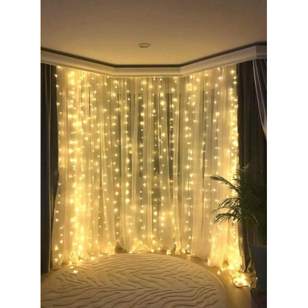 Гирлянда штора на окно 212 LED 3х2м Теплый белый цвет свечения, с коннектором
