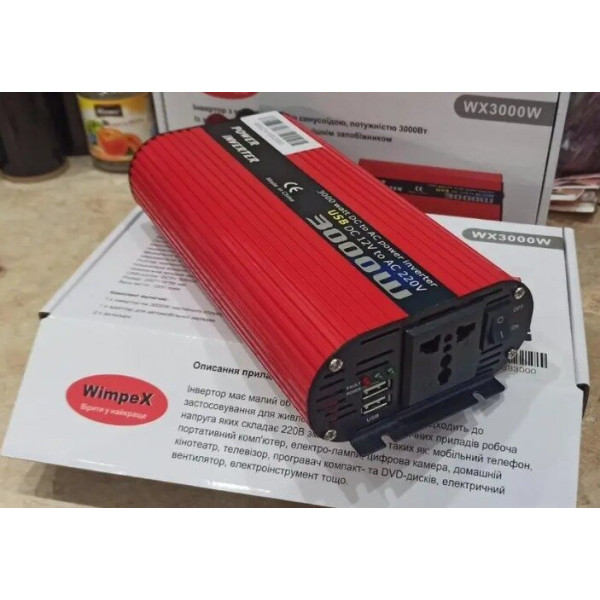 Инвертор преобразователь напряжения Wimpex 3000W 12-220V с модифицированной синусоидой и двойным USB-портом