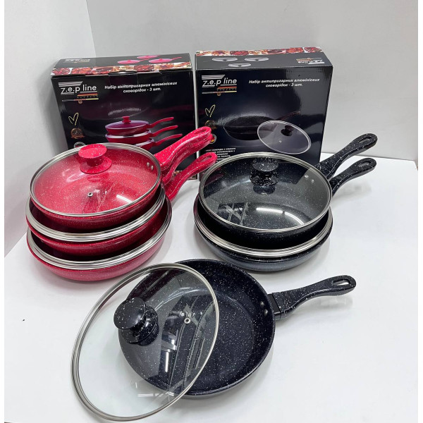 Набор алюминиевых сковородок с антипригарным покрытием и стеклянными крышками Zepline ZP-700 (3 шт)
