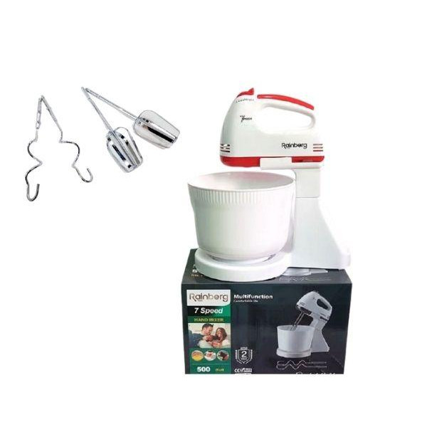 Миксер ручной c чашей 2 л 7 скоростей насадки для взбивания, замеса теста RAINBERG RB-1005 500 Вт