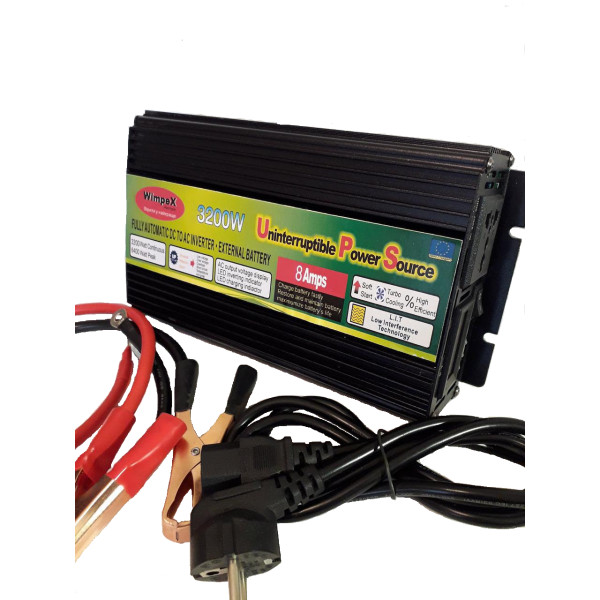 Автомобильный преобразователь напряжения Wimpex 12V-220V 3200W · Инвертор c зарядным от сети 220 8A