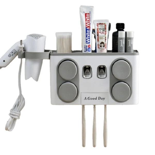 Органайзер для ванной комнаты · Держатель зубных щеток · Дозатор – диспенсер зубной пасты · Полочка для косметических средств с держателем для фена