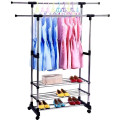 Двойная стойка – вешалка телескопическая на колесиках с полками для одежды и обуви Triple Stand Hanger