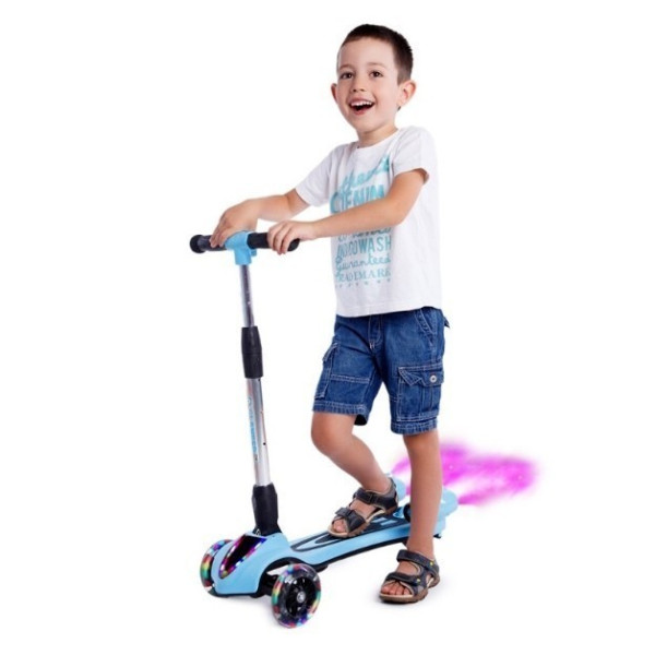 Детский трехколесный самокат с дымом, LED подсветкой колес и Bluetooth музыкой, Красный / голубой / розовый