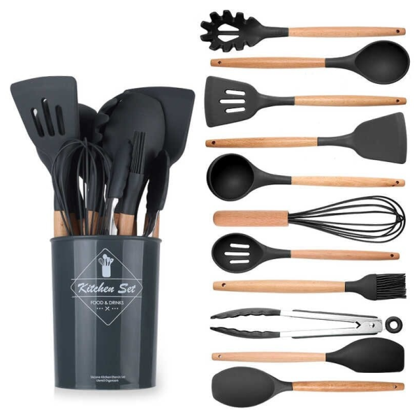 Набор кухонных принадлежностей Kitchen Set, 12 предметов ∙ Силиконовые аксессуары для кухни с подставкой