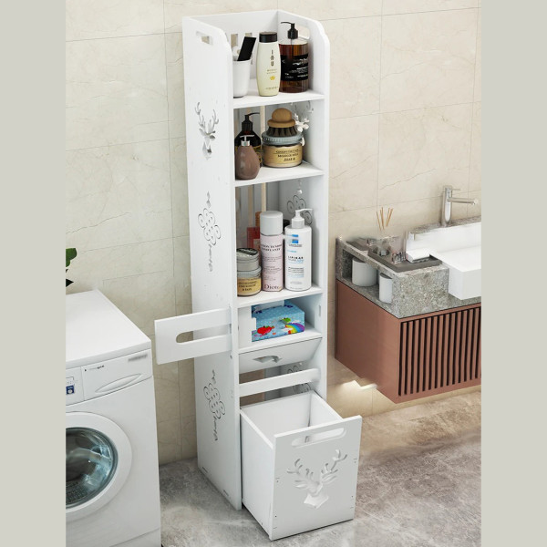 Полка-стеллаж для ванной комнаты и туалета PK-08 · Этажерка узкая с шкафчиками для туалетных аксессуаров и отсеком для бумаги