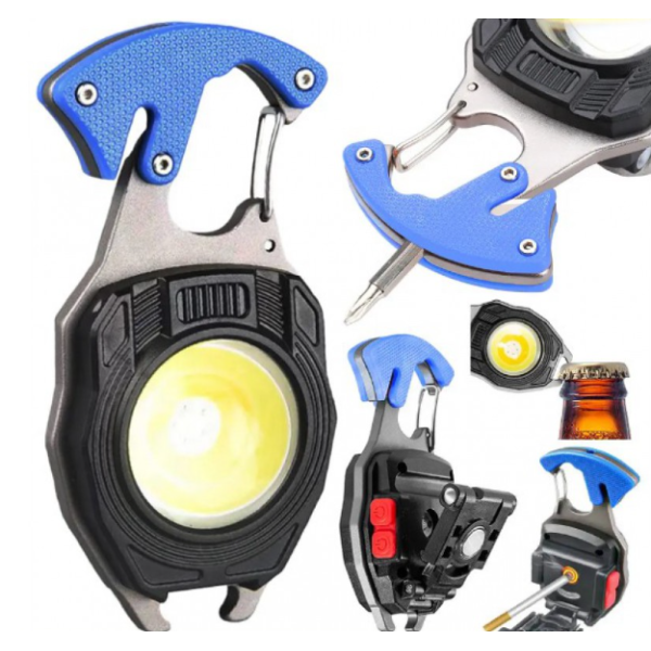 Многофункциональный туристический мультитул с LED фонариком на карабине 5147 · Мультитул для кемпинга 7 в 1: Фонарь, свисток, зажигалка, резак, отвертка, открывашка, магнит