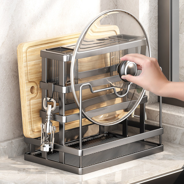 Кухонная стойка - подставка для посуды Dining 3888 · Настольный металлический органайзер для хранения ножей, приборов с поддоном и держателем для крышки