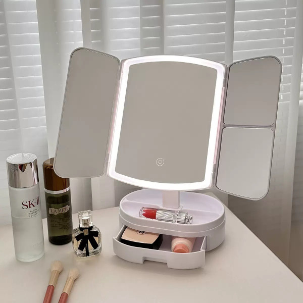 Тройное косметическое зеркало для макияжа с LED подсветкой 609 Mirror и увеличением складное поворотное сенсорное зеркало с органайзером