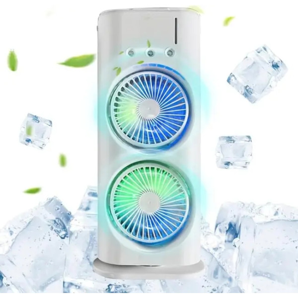 Настольный вентилятор 3 в 1 с увлажнением, подсветкой и аккумулятором 4000 мАч · Вентилятор двойной