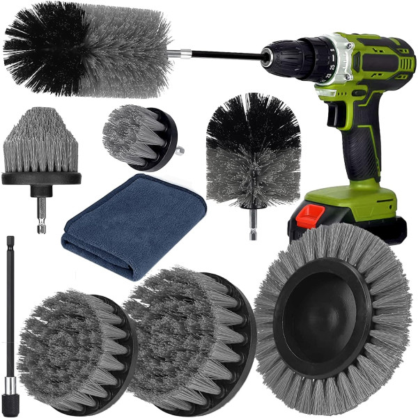 Насадки-щетки для дрели и шуруповерта для чистки плитки, ванной, ковров и авто с удлинителем и салфеткой • Набор щеток на дрель для уборки 8 в 1