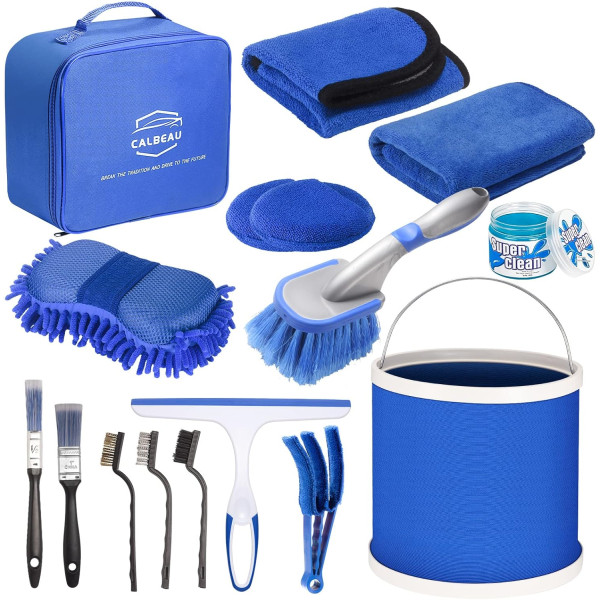 Набор для мойки авто 16 в 1 с ведром и щётками • Комплект для детейлинга салона и кузова с микрофиброй и аксессуарами в сумке