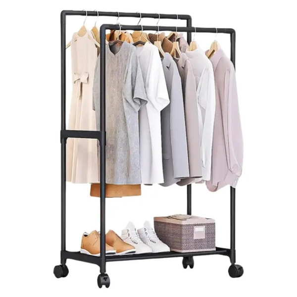 Стойка-вешалка на колёсах для вещей и обуви YH9918-1 • Универсальная передвижная стойка для одежды с полкой