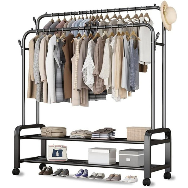 Вешалка-стойка для одежды YP-610 • Металлическая мобильная стойка с полкой для гардероба