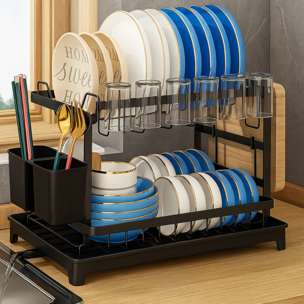 Двухъярусная сушилка для посуды с поддоном и держателем для столовых приборов • Кухонный стеллаж-органайзер для тарелок чашек и ложек Kitchenware Rack