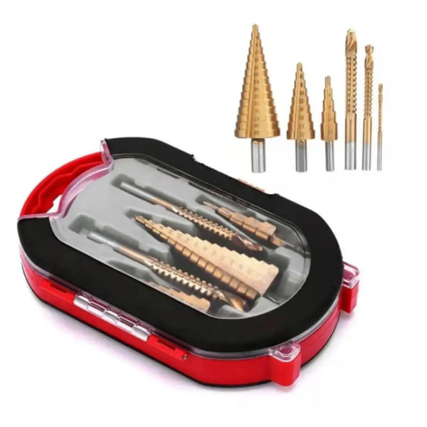 Набор ступенчатых сверл по металлу с титановым покрытием в кейсе • Портативный набор из 6 сверл