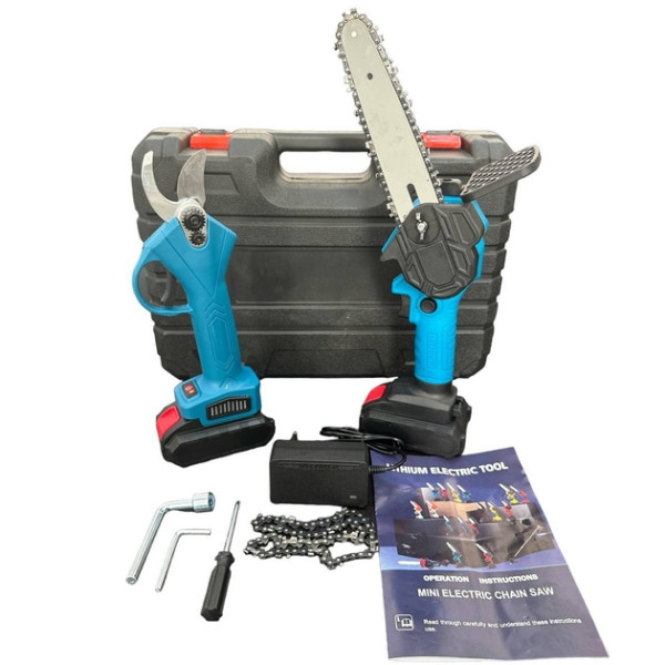 Набор 2в1 аккумуляторная мини цепная Пила 6 дюймов и аккумуляторный Секатор с 2-мя аккумуляторами 24V в кейсе • Аккумуляторная мини-пила и секатор