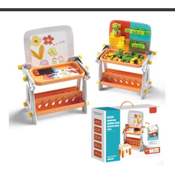 Детский стол B8020 магнитная доска для рисования конструктор из блоков • Развивающий набор стол мольберт магнитная доска и конструктор 4 в 1