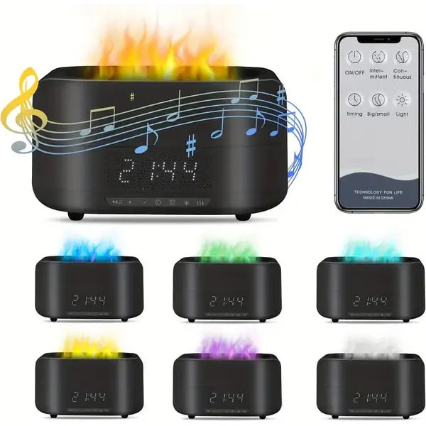 Увлажнитель воздуха ультразвуковой с эффектом пламени и Bluetooth колонкой • Настольный увлажнитель с LED часами и будильником для дома и детской